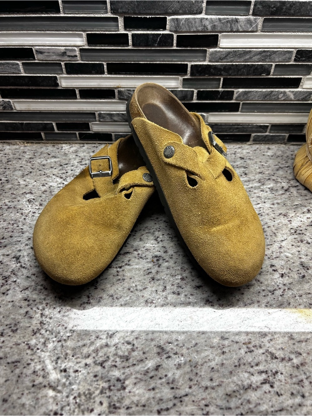 Birkenstock womens boston Suede Slip-On Clogs in Tan size 7